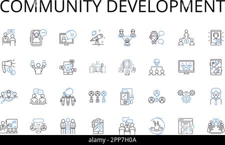 Community Development Line Icons Kollektion. Umweltschutz, Wirtschaftswachstum, soziale Verantwortung, Kulturaustausch, Bildungsreform Stock Vektor