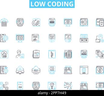 Niedrige Kodierung, lineare Symbole eingestellt. Vereinfachen, Effizienz, Intuitiv, Agile, Schnell, Rationalisieren Sie Vektor- und Konzeptschilder für Produktivitätslinien. Automatisieren, Skalierbar Stock Vektor