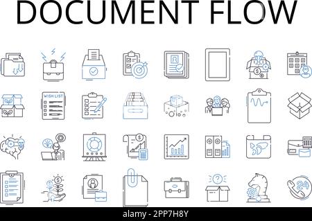 Symbolsammlung für den Dokumentfluss. Workflow-Management, Informationsfluss, Geschäftsprozess, Aufgabensequenz, Prozessflussdiagramm, Daten-Pipeline Stock Vektor