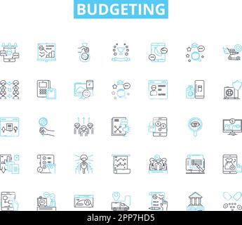 Lineare Symbole für die Budgetierung festgelegt. Planung, Einsparungen, Ausgaben, Einnahmen, Sparsamkeit, Schulden, Analyse Linienvektor und Konzeptzeichen. Steuerung, Überwachung, Optimierung Stock Vektor