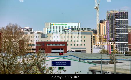 scottish power headquarters  martin aitken building foreground  and the high rise flats of the city centre aerial panorama Stock Photo