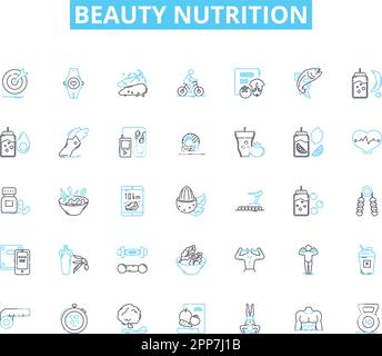 Lineare Symbole für die Kosmetikernährung. Kollagen, Antioxidantien, Hydration, Geschmeidig, Strahlend, Ernährung, Vitaminlinienvektor und Konzeptzeichen. Mineralien Stock Vektor