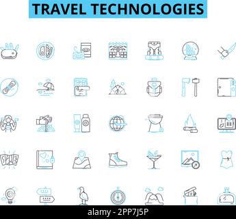 Reisetechnologien Lineare Symbole. Geolokalisierung, E-Ticket, virtuelle Realität, mobile Buchung, Treue, Wi-Fi, künstliche Intelligenz, Leitungsvektor Stock Vektor