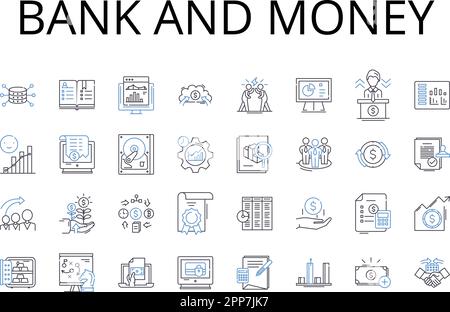 Symbolsammlung für Bank- und Geldlinien. Finanzinstitut, Bargeld, Finanzen, Vermögen, Kapital, Investition, Fondsvektor und lineare Darstellung. Währung Stock Vektor