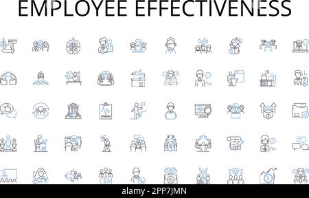 Symbolzusammenstellung für Mitarbeitereffektivität. Globetrotting, Odyssey, Sojourner, Expedition, Discovery, Wanderlust, Piering-Vektor und linear Stock Vektor