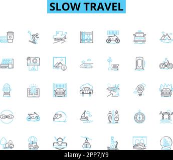 Lineare Symbole für langsame Fahrt eingestellt. Reflexion, Introspektion, Zeitlosigkeit, Verbindung, Wertschätzung, Bewusste, aufmerksame Linienvektor- und Konzeptzeichen Stock Vektor