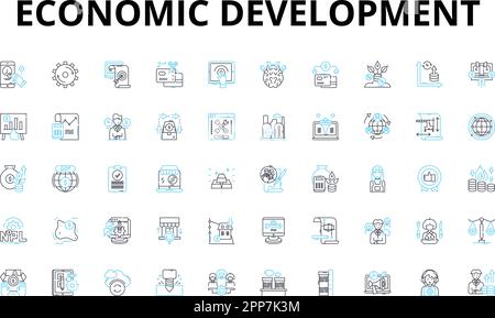 Wirtschaftliche Entwicklung Lineare Symbole gesetzt. Innovation, Wachstum, Investitionen, Nachhaltigkeit, Produktivität, Fortschritt, Wohlstandsvektorsymbole und Linie Stock Vektor