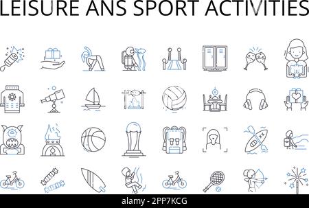 Freizeit- und Sportaktivitäten Line Icons Kollektion. Erholung, Unterhaltung, Verfolgungsjagden, Vergnügungen, Hobbys, Zeitvertreib, Spiele, Vektor und linear Stock Vektor
