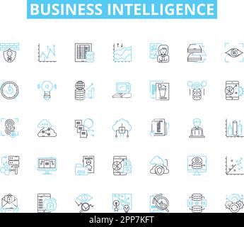Lineare Symbole für Business Intelligence. Analysen, Daten, Erkenntnisse, Leistung, Dashboards, Berichterstellung, Visualisierungslinienvektor und Konzeptzeichen Stock Vektor