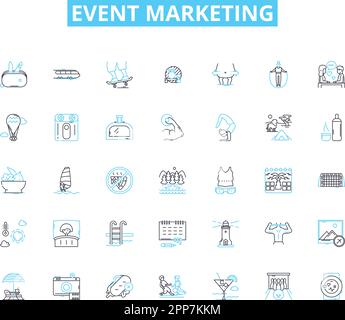 Lineare Symbole für Event-Marketing. Werbung, Branding, Öffentlichkeitsarbeit, Engagement, Conversion, Aktivierung, Erlebnislinienvektor und Konzeptzeichen Stock Vektor
