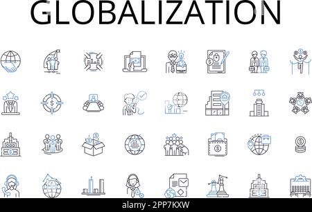 Symbolsammlung für Globalisierungslinien. Urbanisierung, Digitalisierung, Modernisierung, Kommerzialisierung, Industrialisierung, Internationalisierung Stock Vektor