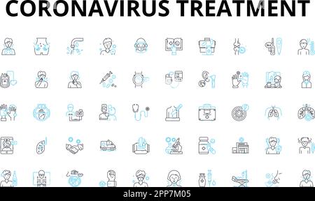Coronavirus-Behandlung lineare Symbole gesetzt. Impfstoff, Remdesivir, Hydroxychloroquin, Sauerstoff, Ventilator, Antibiotika, antivirale Vektorsymbole und Linien Stock Vektor
