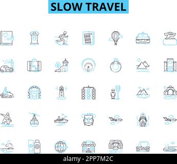 Lineare Symbole für langsame Fahrt eingestellt. Reflexion, Introspektion, Zeitlosigkeit, Verbindung, Wertschätzung, Bewusste, aufmerksame Linienvektor- und Konzeptzeichen Stock Vektor