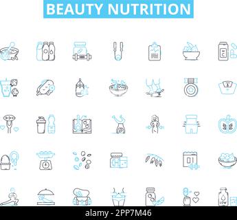 Lineare Symbole für die Kosmetikernährung. Kollagen, Antioxidantien, Hydration, Geschmeidig, Strahlend, Ernährung, Vitaminlinienvektor und Konzeptzeichen. Mineralien Stock Vektor