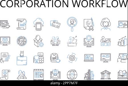 Symbolsammlung für Unternehmens-Workflow-Zeilen. Unternehmensprozess, Geschäftsbetrieb, Unternehmensmechanismus, Organisationsverfahren, Firmenprotokoll Stock Vektor