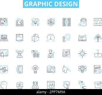 Lineares Symbolset für Grafikdesign. Typografie, Farbe, Layout, Proportion, Kontrast, Skalierung, Texturlinienvektor und Konzeptzeichen. Form,Ausrichtung Stock Vektor