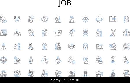 Symbolsammlung für Job-Positionen. Mechanik, Zahnräder, Uhren, Technik, Maschinen, Automation, Robotik Vektor und lineare Darstellung. Präzision Stock Vektor