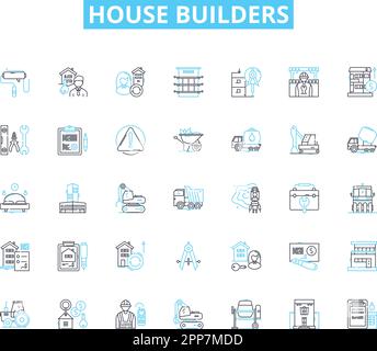 Lineare Symbole für Hausbauer festgelegt. Bau, Architektur, Renovierung, Planung, Design, Materialien, Blueprint-Linienvektor und Konzeptschilder Stock Vektor