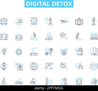 Digitale Detox-Symbole eingestellt. Trennen, Trennen, Wieder Verbinden, Achtsamkeit, Gleichgewicht, Fokus, Relaxationslinienvektor und Konzeptzeichen. Wellness, Erneuerung Stock Vektor