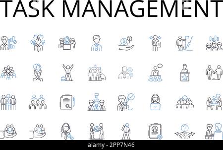 Sammlung der Positionssymbole für die Aufgabenverwaltung. Zeitmanagement, Projektplanung, Aufgabenzuweisung, Verfolgung von Verantwortlichkeiten, Workflow-Organisation, Zielsetzung Stock Vektor