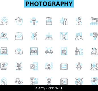 Einstellung der linearen Fotosymbole. Belichtung, Blende, Verschluss, Fokus, Zusammensetzung, Licht, Schatten Linienvektor und Konzeptzeichen. Kontrast, Tiefe, Winkel Stock Vektor