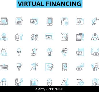 Lineare Symbolgruppe für virtuelle Finanzierung. Kryptowährung, NFTs, Blockchain, Crowdfunding, Defi, Stablecoin, ICO-Linienvektor und Konzeptzeichen. Klug Stock Vektor