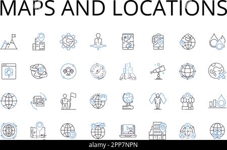 Sammlung der Liniensymbole für Karten und Standorte. Kartografie, Geolokalisierung, Topographie, Atlas, Navigation, Terrain, Geocaching-Vektor und lineare Darstellung Stock Vektor