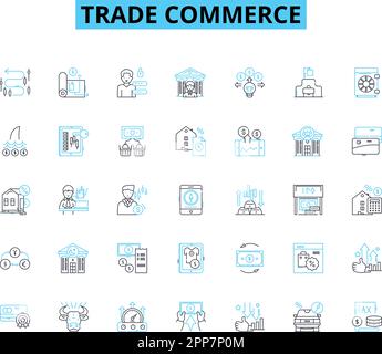 Linearer Symbolsatz für Handel. Import, Export, Maklergebühr, Händler, Einzelhandel, Großhandel, Zolllinien-Vektor und Konzeptzeichen. Tarife, Logistik Stock Vektor