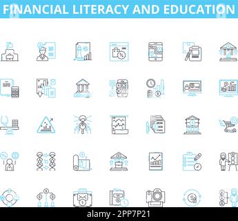 Lineare Symbole für Finanzkompetenz und Bildung. Budgetierung, Sparen, Investitionen, Kredite, Schulden, Zins-, Budgetlinienvektor- und Konzeptzeichen Stock Vektor