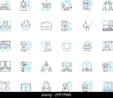 Lineares Symbolset für Markenmanagement. Strategie, Branding, Identität, Marketing, Reputation, Kommunikation, Positionierungslinienvektor und Konzeptzeichen Stock Vektor