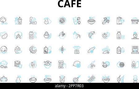 Cafe lineare Symbole eingestellt. Gemütlich, Espresso, Sandwiches, Frühstück, Kunsthandwerk, Cappuccino, Gebäck, Vektorsymbole und Linienzeichen. Entspannend, Brunch Stock Vektor