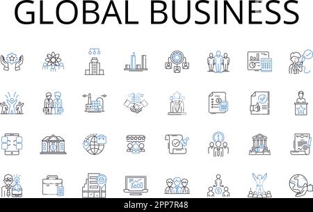 Globale Symbolsammlung für Geschäftsbereiche. Internationaler Handel, Weltweiter Handel, Weltwirtschaft, Universalindustrie, Planetenmarkt, Kosmisches Abenteuer Stock Vektor