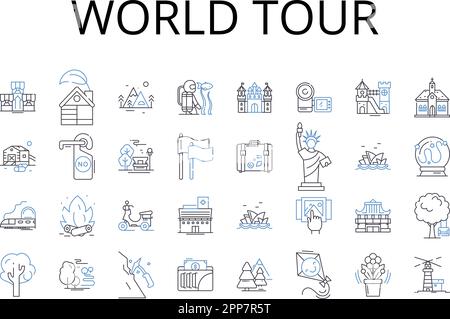 World Tour Line Icons Kollektion. Wild Journey, Urban Trek, High Adventure, Daring Odyssey, Global Voyage, Continental Hop, Cultural Roam Vector und Stock Vektor