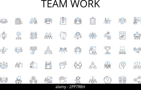 Symbolsammlung für Teamarbeitsbereiche. Abenteuer, Entdecken, Reise, Expedition, Uncharted, Übersicht, Navigation durch Vektor und lineare Darstellung. Quest, Travel Stock Vektor