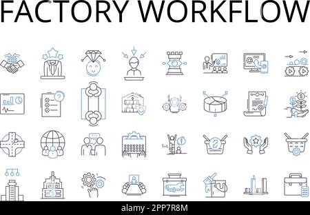 Symbolsammlung für werkseitige Workflow-Linien. Unternehmensverfahren, Geschäftsstruktur, Organisationsprozess, Unternehmensabläufe, Unternehmensmethodik Stock Vektor