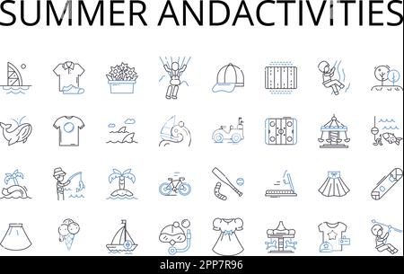 Symbolkollektion für Sommer und Aktivitäten. Hitze, Wärme, Sonne, Sonnenschein, Strand, Schwimmen, Sonnenvektor und lineare Darstellung. Barbecue Stock Vektor