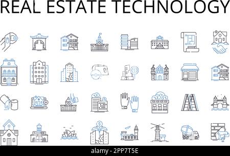 Sammlung von Symbolen der Reihe Real Estate Technology. PropTech, Immobilientechnik, Immobilientechnik, Smart-Buildings-Technologie, CRE-Technologie, Innovationen im Immobilienbereich Stock Vektor