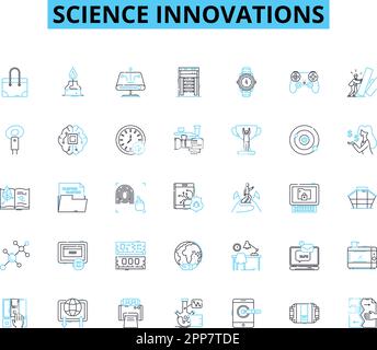 Wissenschaftliche Innovationen Lineare Symbole. Biotechnologie, Nanotechnologie, Robotik, Genetik, Quantum, Neurowissenschaft, Biomechanik-Linienvektor und Konzept Stock Vektor