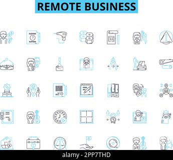 Linearer Symbolsatz für Remote-Business. Telearbeit, Virtuell, Digital, Online, Remote, Verteilte, agile Linienvektor- und Konzeptzeichen. Mobil, Cloud Stock Vektor