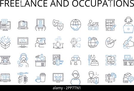 Kollektion mit Liniensymbolen für Freiberufler und Berufe. Selbstständig, Berater, Auftragnehmer, Unternehmer, unabhängig, Solopreneur, Gig Worker Vector und Stock Vektor