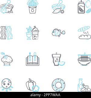 Kuchenladen mit linearen Symbolen. Süßwaren, Gebäck, Backwaren, Desserts, Süßigkeiten, Zuckerguss, Cupcake-Linienvektor und Konzeptzeichen. Glasur, Schokolade, Dekoriert Stock Vektor