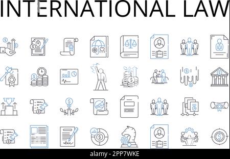 Icons-Sammlung für internationale Rechtslinien. Seerecht, Unternehmensfinanzierung, Umweltwissenschaft, Politikwissenschaft, geistiges Eigentum, Kriminell Stock Vektor