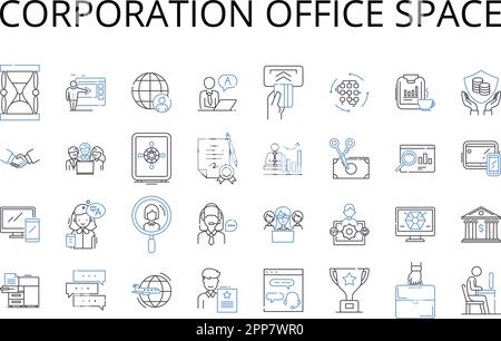 Symbolsammlung für Firmenbüro. Hauptsitz, Arbeitsstationen des Unternehmens, Firmengelände, Firmengelände, Firmengelände, Gewerbe Stock Vektor