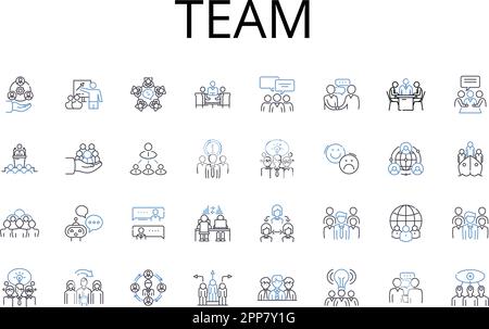 Team Line Icons Kollektion. Trupp, Gruppe, Gang, Einheit, Truppe, Firma, Posse-Vektor und lineare Darstellung. Band, Crew, Clique-Umrissschilder gesetzt Stock Vektor