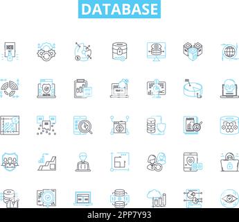 Lineare Datenbanksymbole festgelegt. Abrufen, Normalisierung, Interoperabilität, Partitionierung, Sharding, Backup-, Clustering-Linienvektor- und Konzeptzeichen Stock Vektor