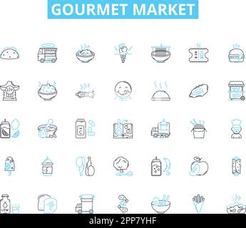 Lineare Symbole für den Gourmet-Markt. Handwerker, Bio, Spezialität, Lokal, Einzigartig, Qualität, frische Linienvektor- und Konzeptzeichen. Exotisch, Importiert, Handgefertigt Stock Vektor