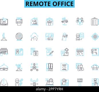 Lineare Symbole für Remote-Büros festgelegt. Telearbeit, Virtuell, Remote, Digital, Online, Telearbeit, mobile Linienvektoren und Konzeptschilder. Abstand Stock Vektor