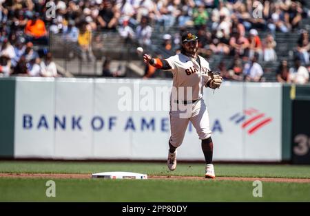 San Francisco, USA. April 22 2023 San Francisco CA, USA Der San Francisco Shortstop Brandon Crawford (35) spielt während des MLB-Spiels zwischen den New York Mets und den San Francisco Giants im Oracle Park San Francisco Calif Thurman James/CSM Kredit: CAL Sport Media/Alamy Live News Stockfoto