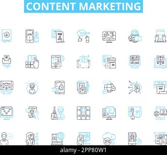 Lineare Symbole für Content-Marketing. Strategie, Blogs, Infografiken, Videos, soziale Medien, SEO, Analytics Linienvektor und Konzeptzeichen. Branding Stock Vektor