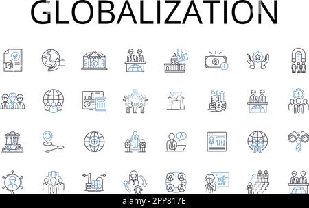 Symbolsammlung für Globalisierungslinien. Urbanisierung, Digitalisierung, Modernisierung, Kommerzialisierung, Industrialisierung, Internationalisierung Stock Vektor